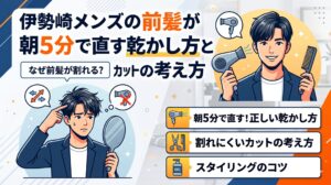 伊勢崎メンズの前髪が割れる原因と朝5分で直す乾かし方・カットの考え方を解説するアイキャッチ画像。鏡を見て前髪に悩む男性と、ドライヤーとコームを持つ男性のイラストを配置。
