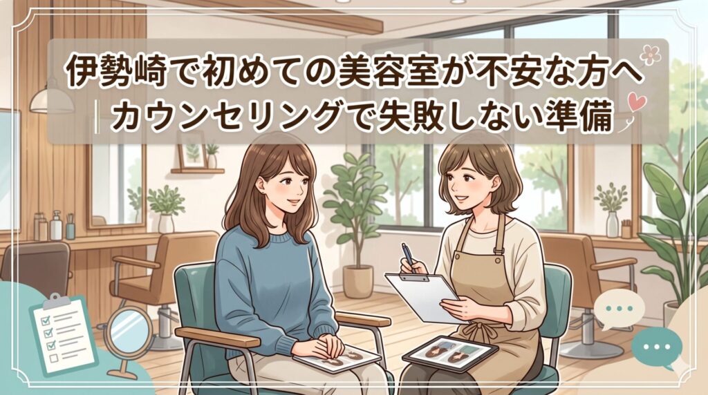 伊勢崎で初めて美容室に行く女性が、美容師とカウンセリングをしている様子を描いたイラスト