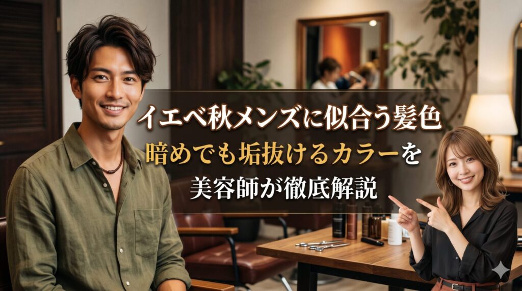イエベ秋メンズに似合う髪色を紹介するアイキャッチ画像。美容室でスタイリッシュなダークブラウンの髪色を実現した男性と、解説する女性美容師が写っている。