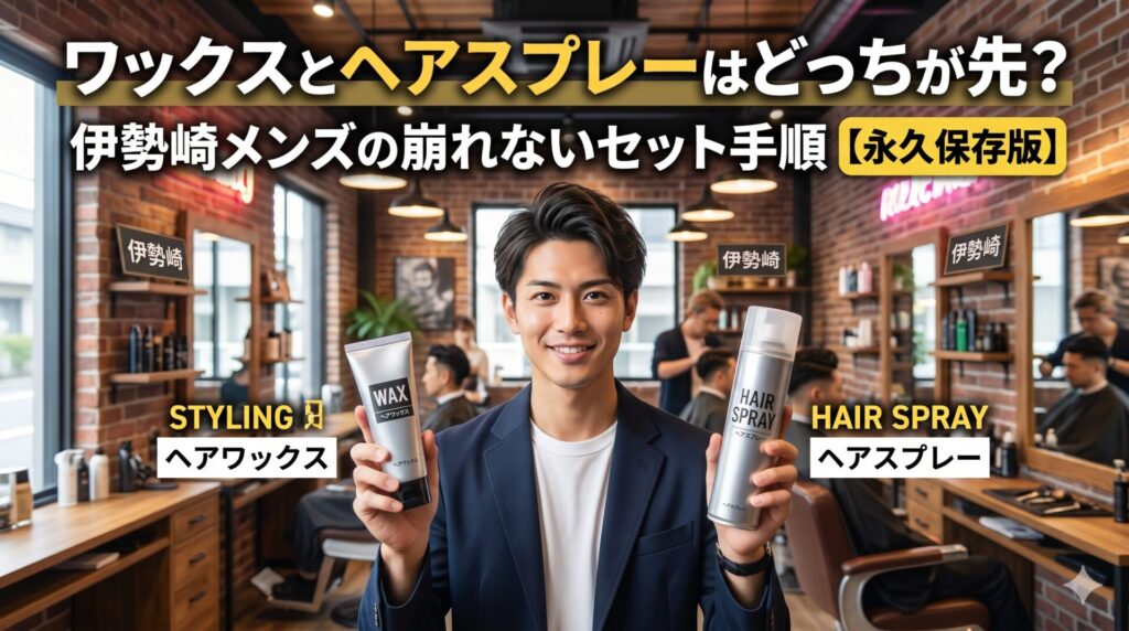 伊勢崎の美容室を背景に、ヘアワックスとヘアスプレーを両手に持つ男性。ワックスとヘアスプレーの正しい使用順番を解説する記事のアイキャッチ画像。