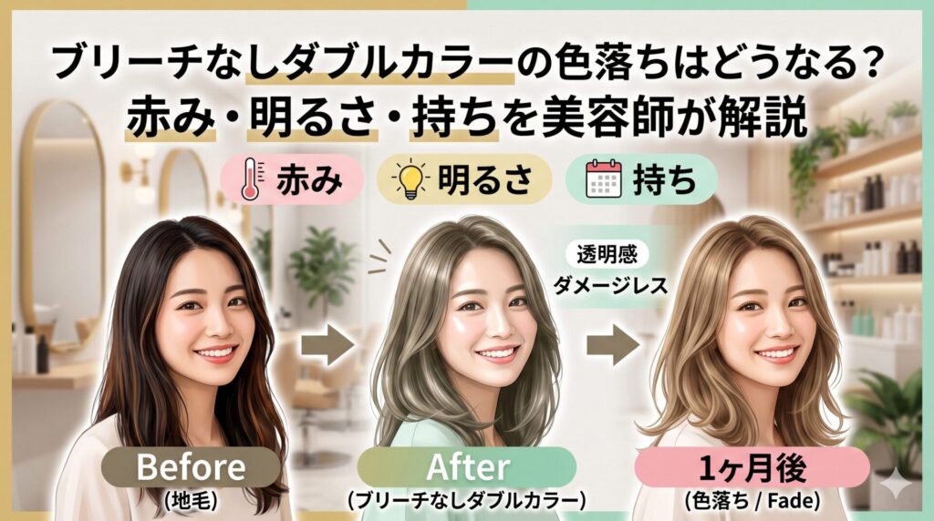 ブリーチなしダブルカラーの色落ち比較。地毛（Before）→施術直後（After）→1ヶ月後の色落ち状態（Fade）を3人の女性で示した図解。赤み・明るさ・持ちの3項目を美容師が解説。