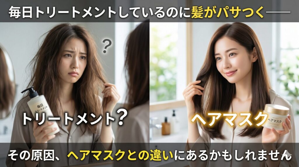 毎日トリートメントしているのに髪がパサつく悩みとヘアマスクとの違いを示す比較画像。左側にトリートメントボトルを持ち髪のパサつきに悩む女性（?マーク付き）、右側にヘアマスクジャーを持ちツヤのある髪の女性。下部に「その原因、ヘアマスクとの違いにあるかもしれません」のテキスト。