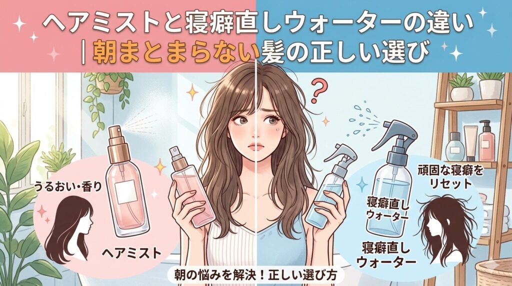 ヘアミストと寝癖直しウォーターの違いを比較したアイキャッチ画像。両手にピンクのヘアミストとブルーの寝癖直しウォーターを持ち迷う女性イラストと、うるおい・香りを担うヘアミストと頑固な寝癖をリセットする寝癖直しウォーターの特徴をそれぞれ図解。