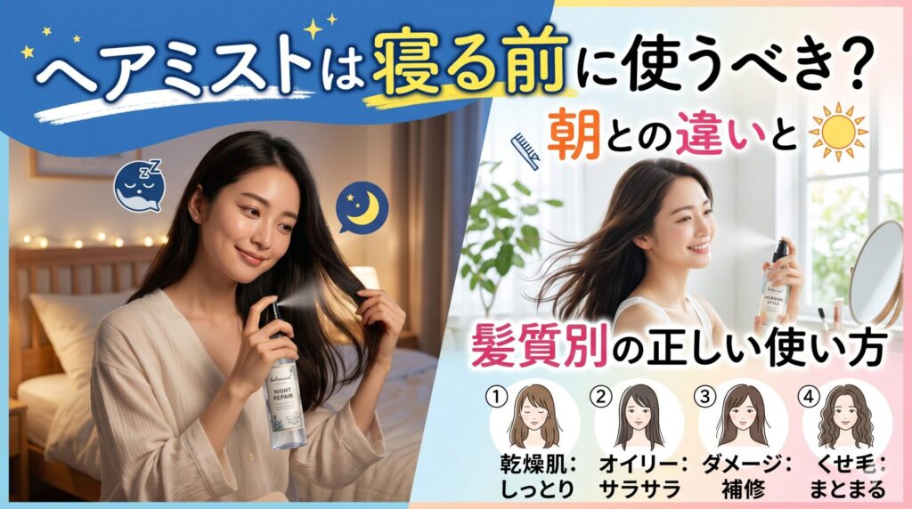 ヘアミストを寝る前と朝に使う2人の女性を左右に並べ、夜のダメージ予防と朝のスタイリングの違い、髪質別の使い方を紹介するアイキャッチ画像