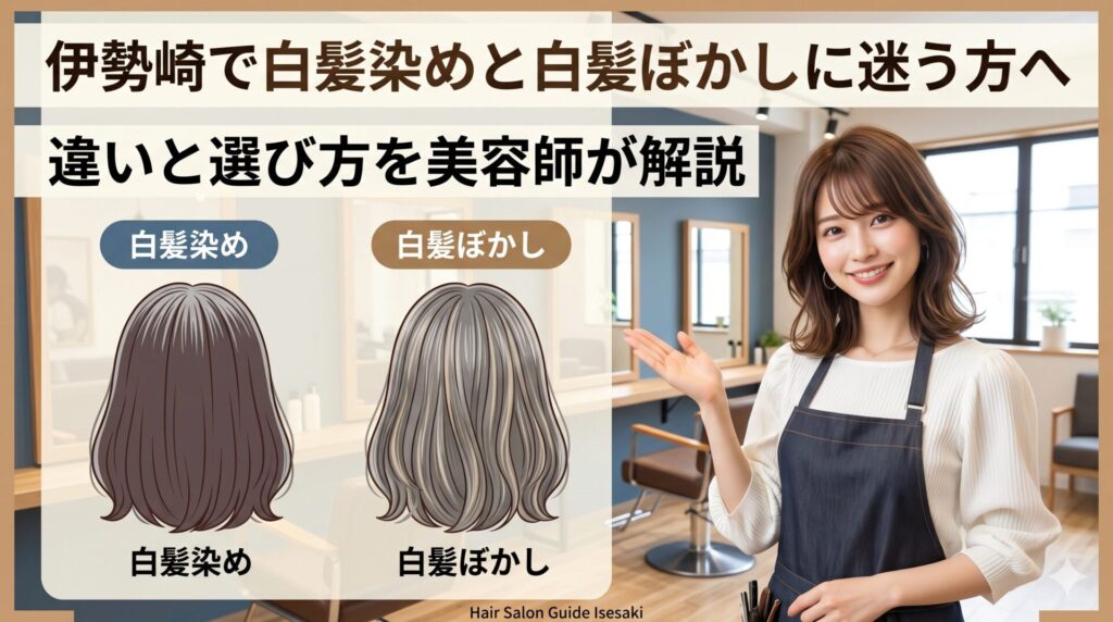 伊勢崎の美容室で白髪染めと白髪ぼかしの仕上がりを比較したアイキャッチ画像。左に均一な茶色の白髪染め、右にグレーのハイライトが入った白髪ぼかしのヘアスタイルを並べ、笑顔の女性美容師が解説している。