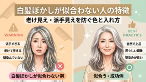 白髪ぼかしが似合わない人の特徴と、老け見え・派手見えを防ぐ色選びやハイライトの入れ方を比較解説した美容室向けアイキャッチ画像