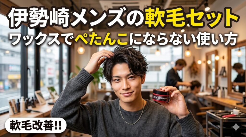 伊勢崎メンズの軟毛セット｜ワックスでぺたんこにならない使い方。美容室でスタイルマスターワックスを手に持つ男性と「軟毛改善」のバッジを配置したアイキャッチ画像。