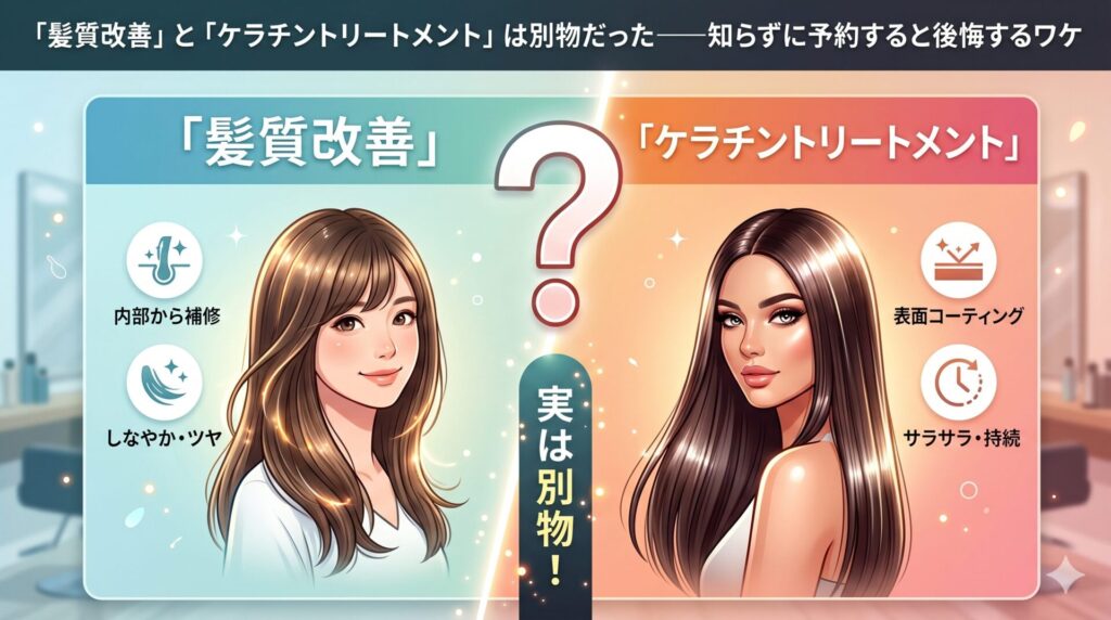 髪質改善とケラチントリートメントの違いを比較した図解。左に「内部から補修・しなやか・ツヤ」の髪質改善、右に「表面コーティング・サラサラ・持続」のケラチントリートメント、中央に「実は別物！」のテキスト。