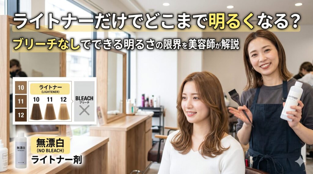 美容室でライトナーを使ったカラー施術中の様子。美容師が施術を行い、トーンスウォッチでライトナーが10〜12トーンまで明るくできることを示している。