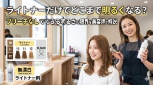美容室でライトナーを使ったカラー施術中の様子。美容師が施術を行い、トーンスウォッチでライトナーが10〜12トーンまで明るくできることを示している。