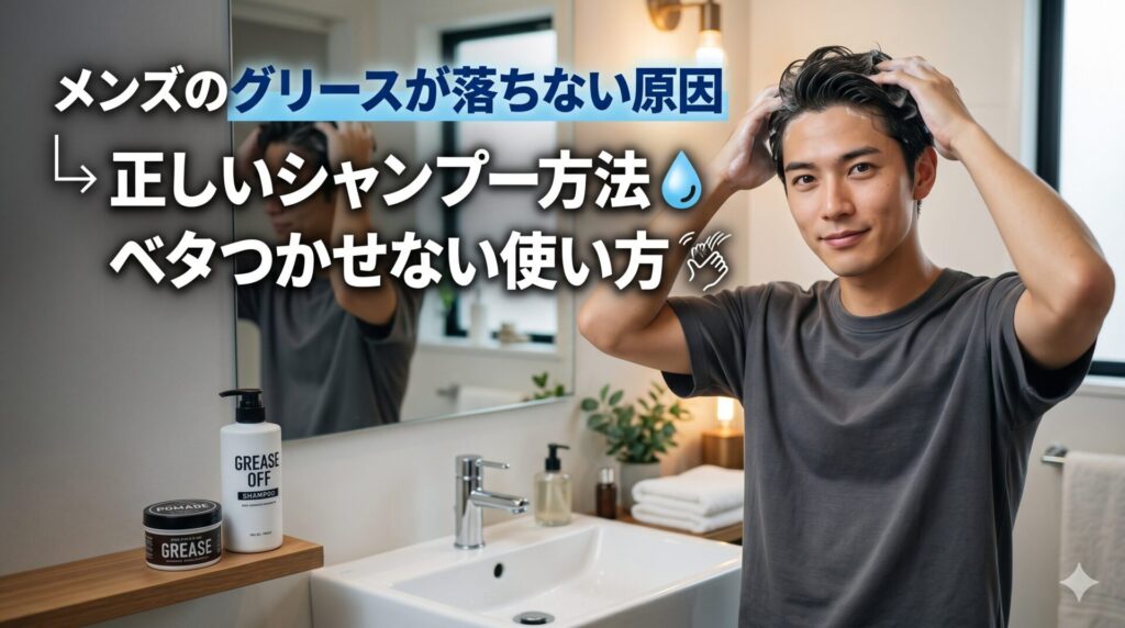 メンズのグリースが落ちない原因と正しいシャンプー方法を実践する、洗面台で頭皮を洗う男性