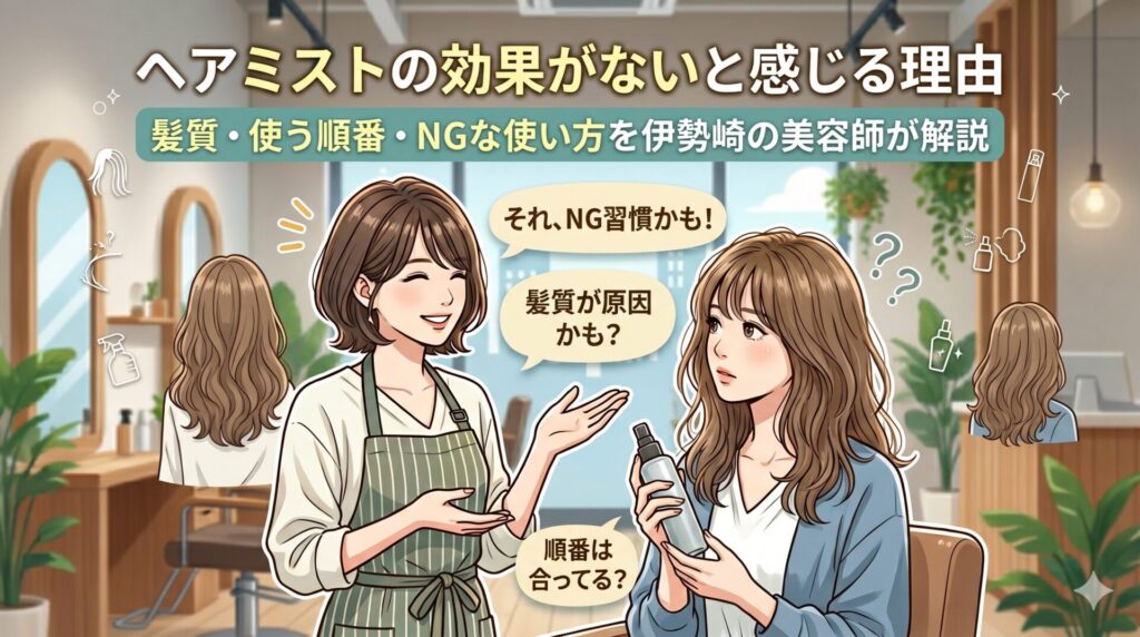 ヘアミストの効果がないと感じる理由を、伊勢崎の美容室の女性美容師がヘアミストを持つ女性客にカウンセリングしながら解説するアイキャッチ画像