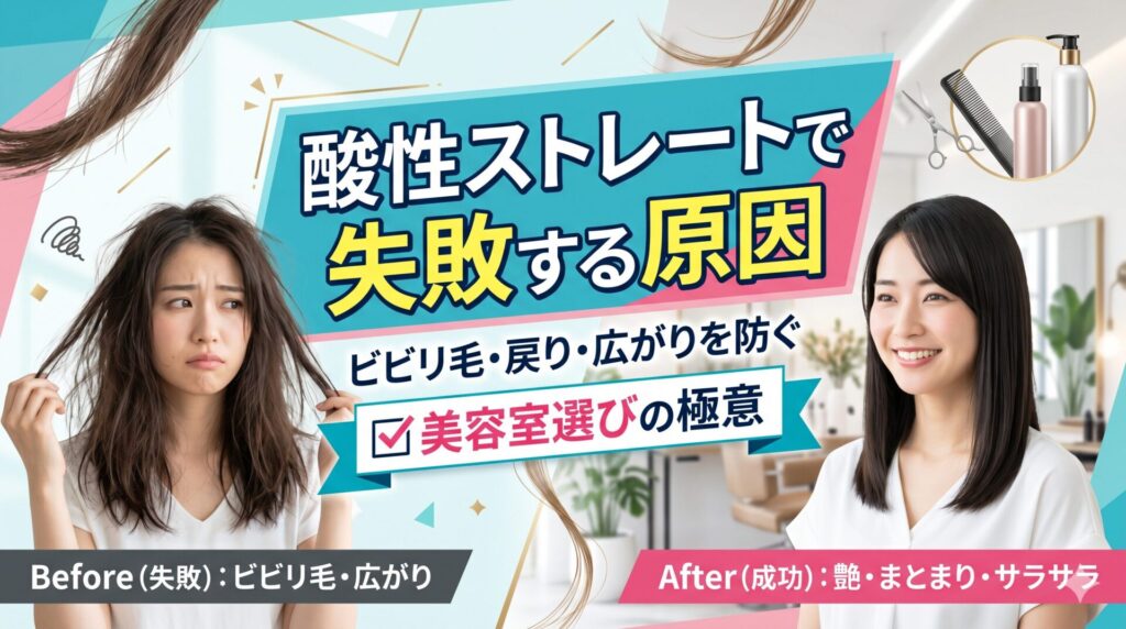 酸性ストレートで失敗する原因とビビリ毛・戻り・広がりを防ぐ美容室選びを、ビフォーアフターの女性で示した画像