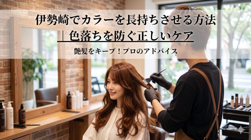 伊勢崎の美容室でカラー施術を受ける女性と美容師。ヘアカラーの色持ちを長持ちさせるプロのケアを紹介するアイキャッチ画像。