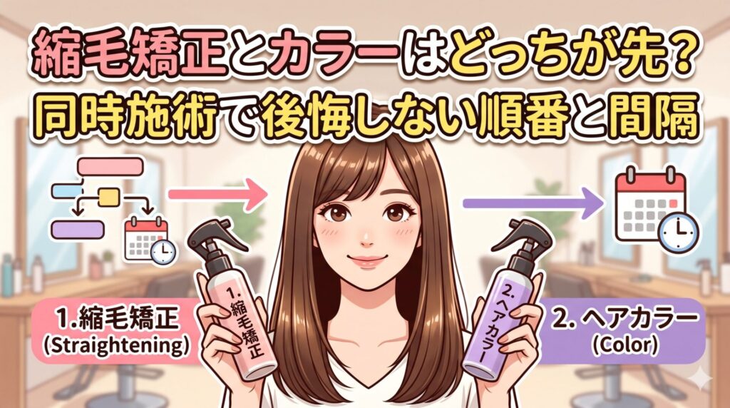 縮毛矯正とカラーはどっちが先かを解説する記事のアイキャッチ画像。ツヤのあるストレートヘアの女性が、縮毛矯正のボトルとヘアカラーのボトルを両手に持ち、後悔しない順番と間隔を表現している。