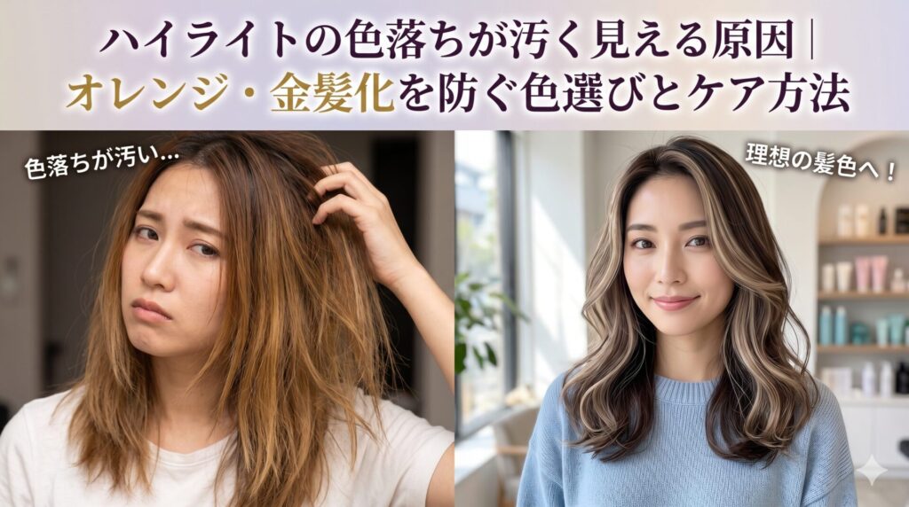 ハイライトの色落ちが汚く見える原因と、オレンジ・金髪化を防ぐ色選びやケア方法を比較形式で解説した美容室記事のアイキャッチ画像