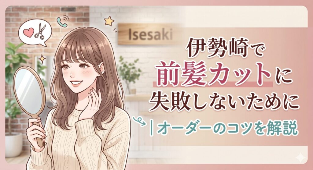 伊勢崎の美容室を背景に、手鏡を持ちながら前髪を確認して微笑む女性のイラスト。「伊勢崎で前髪カットに失敗しないために｜オーダーのコツを解説」の記事アイキャッチ画像。