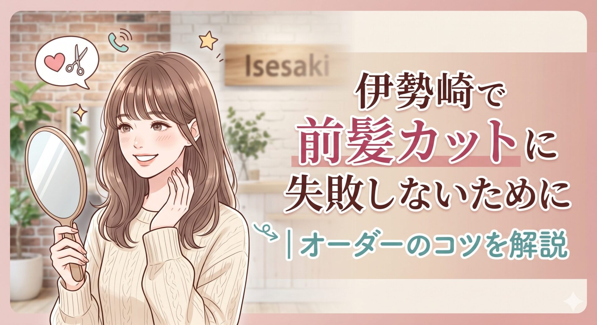 伊勢崎の美容室を背景に、手鏡を持ちながら前髪を確認して微笑む女性のイラスト。「伊勢崎で前髪カットに失敗しないために｜オーダーのコツを解説」の記事アイキャッチ画像。