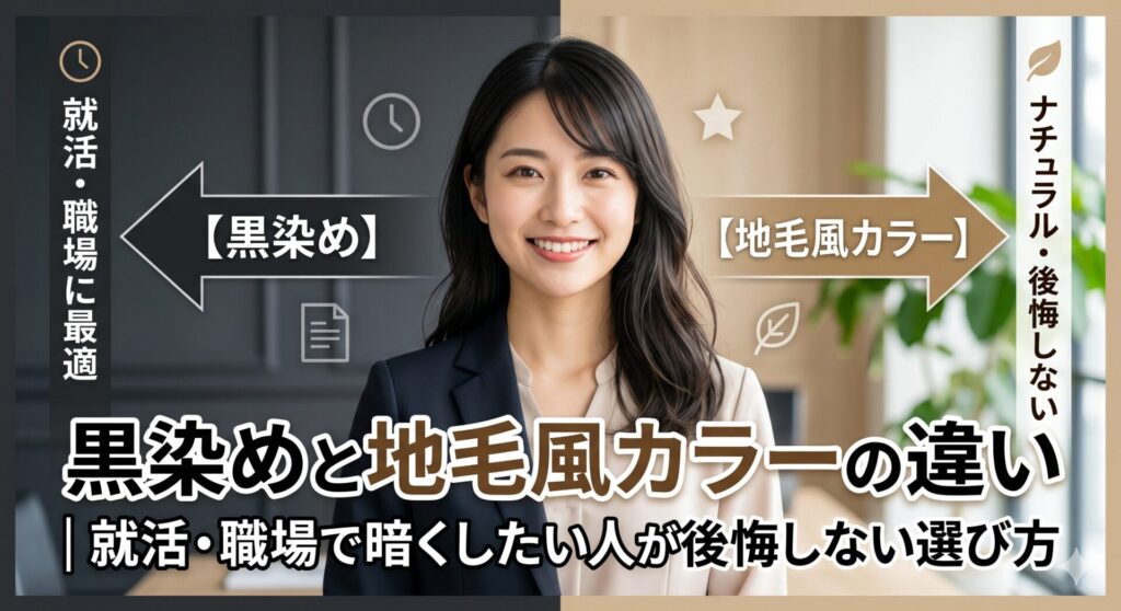 黒染めと地毛風カラーの違いを比較する図解と、暗髪でスーツを着た就活中の女性