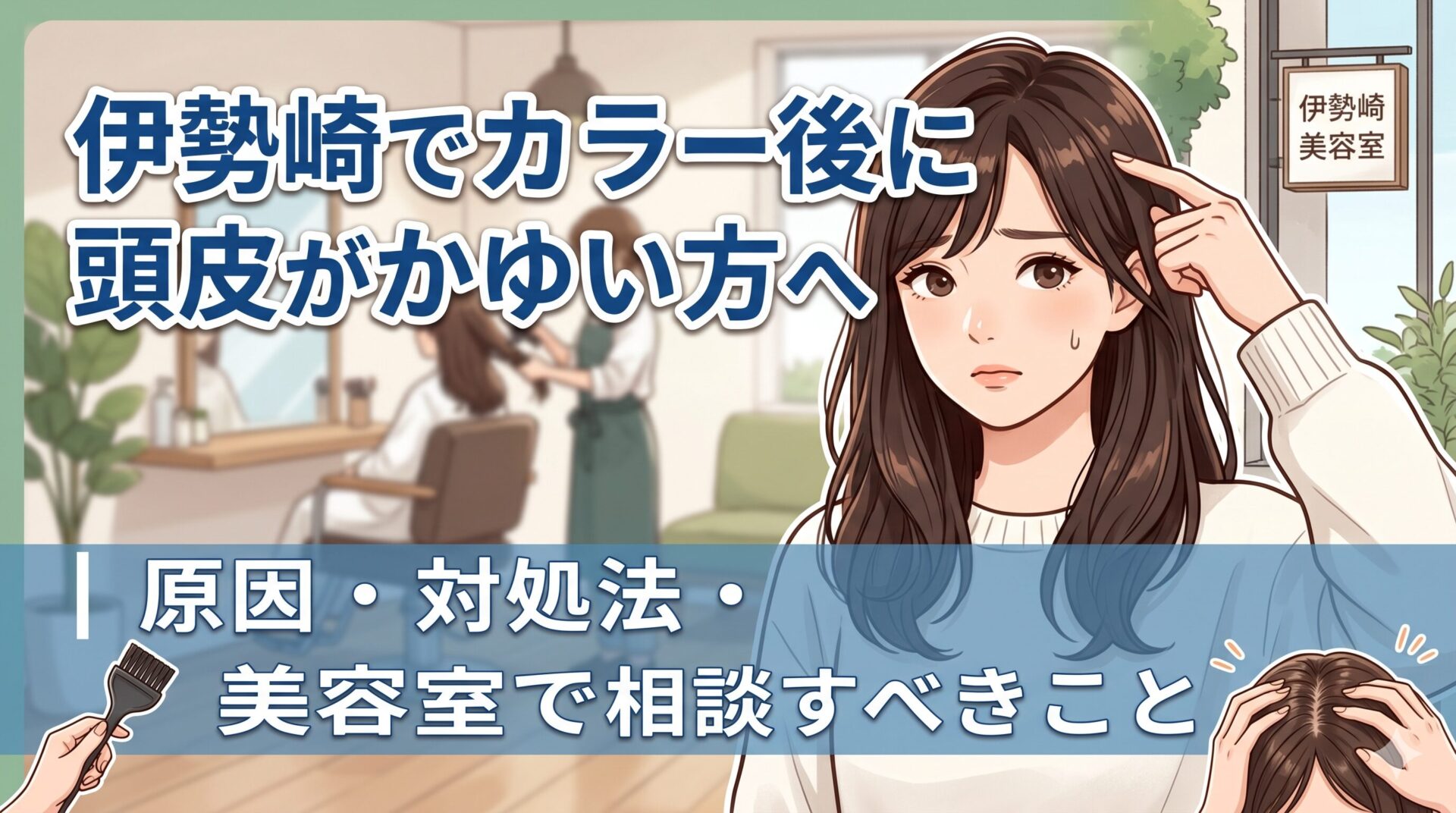 伊勢崎の美容室でカラー後に頭皮のかゆみを気にする女性のイラスト