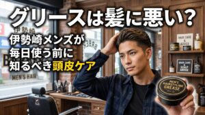 グリースは髪に悪いのかを解説する記事のアイキャッチ画像。伊勢崎のバーバーショップでグリースの缶を手に持ち、髪を整えながら考える男性が写っている。