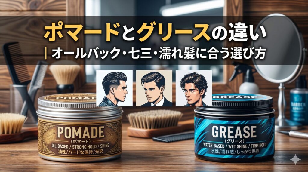 ポマードとグリースの違いを解説するアイキャッチ画像。左に油性・ハードな保持・光沢のポマードの缶、右に水性・濡れ感・しっかり保持のグリースの缶を並べ、上部にオールバック・七三・濡れ髪の3つのメンズヘアスタイルを配置している。