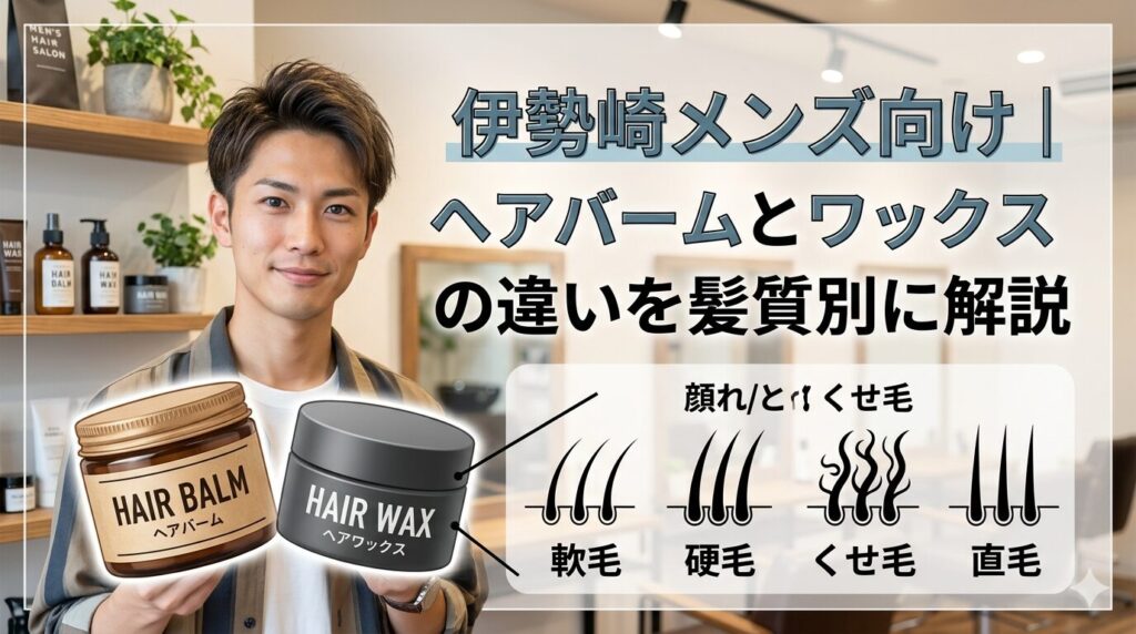 伊勢崎メンズ向け｜ヘアバームとワックスの違いを髪質別に解説。軟毛・硬毛・くせ毛・直毛の4タイプ別にスタイリング剤の選び方を紹介するアイキャッチ画像。