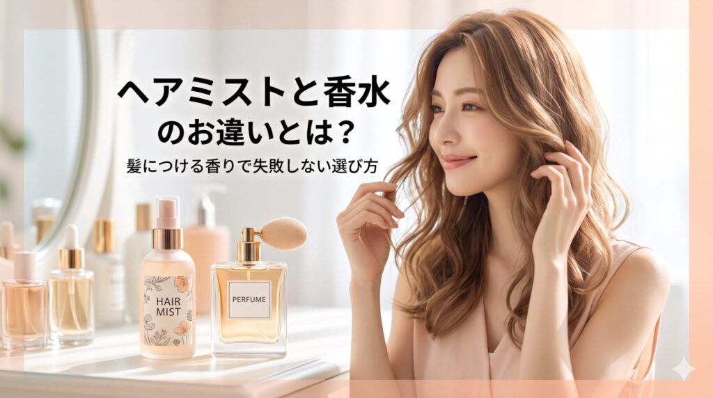 ヘアミストと香水の違いについて、髪につける香りで失敗しない選び方を解説するブログ用アイキャッチ画像