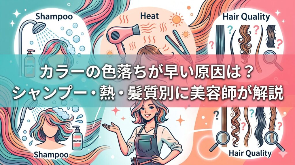 カラーの色落ちが早い原因をシャンプー・熱・髪質別に解説するアイキャッチ画像。シャワーで髪を洗う様子、ドライヤーやアイロンの熱、髪質をチェックするイラストと、笑顔の美容師が描かれている。