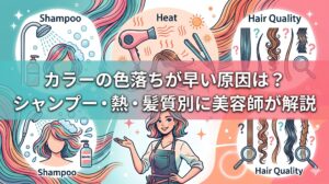 カラーの色落ちが早い原因をシャンプー・熱・髪質別に解説するアイキャッチ画像。シャワーで髪を洗う様子、ドライヤーやアイロンの熱、髪質をチェックするイラストと、笑顔の美容師が描かれている。