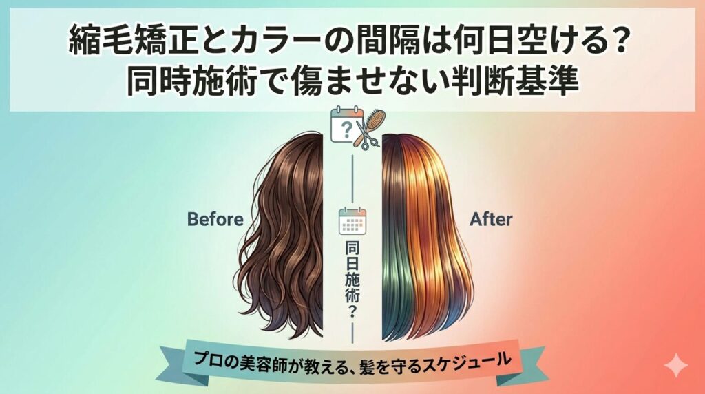 縮毛矯正とカラー前後の髪のビフォーアフターと施術間隔を示すカレンダー