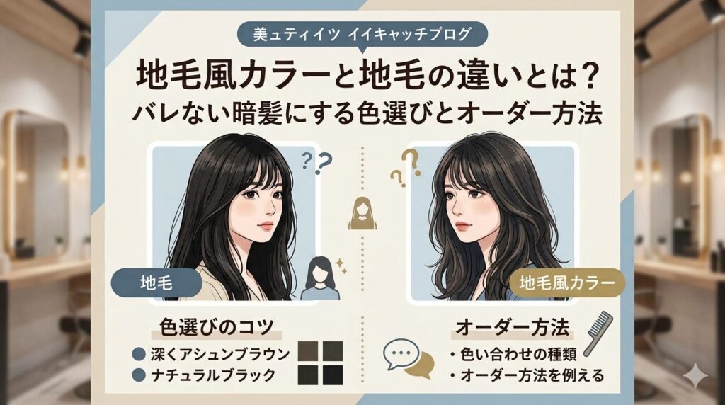 地毛風カラーと地毛の違いとは？バレない暗髪にする色選びとオーダー方法を解説するアイキャッチ画像