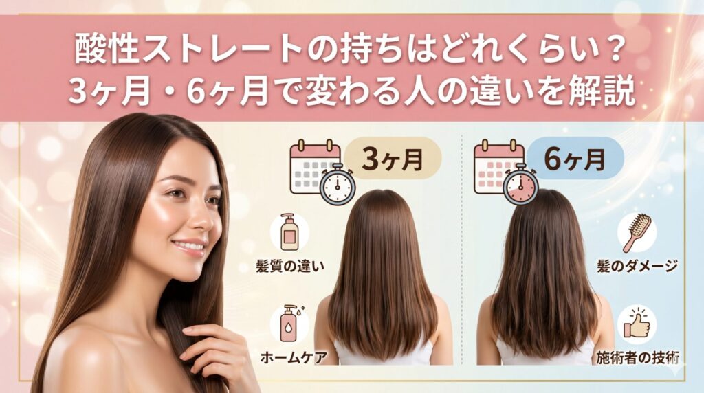 酸性ストレートの持ちはどれくらい?3ヶ月・6ヶ月で変わる人の違いを比較したアイキャッチ画像。髪質・ホームケア・ダメージなどの要因を紹介。