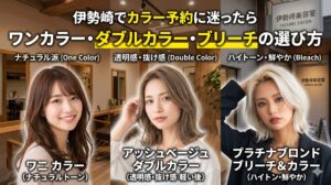 伊勢崎でカラー予約に迷った方向けに、ワンカラー・ダブルカラー・ブリーチの仕上がりイメージを3人の女性で比較したアイキャッチ画像。