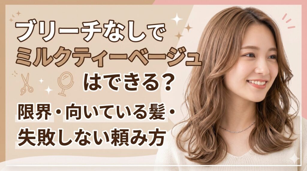 ブリーチなしでミルクティーベージュに仕上げた柔らかいベージュブラウンの髪色の女性