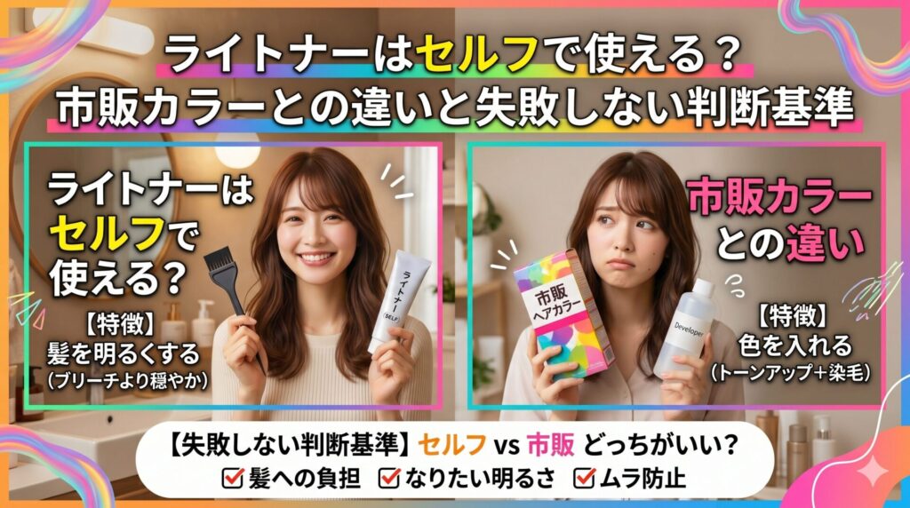 ライトナーはセルフで使える？市販カラーとの違いと失敗しない判断基準｜セルフvs市販を比較解説した美容記事のアイキャッチ画像
