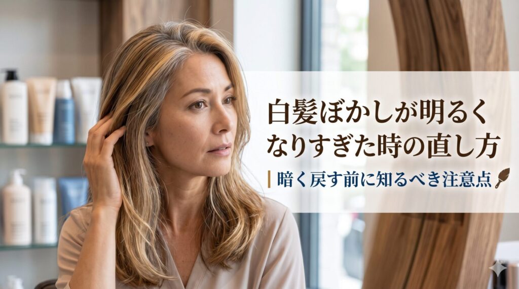 美容室の鏡の前で明るくなりすぎた白髪ぼかしの髪を気にする女性｜白髪ぼかしが明るくなりすぎた時の直し方