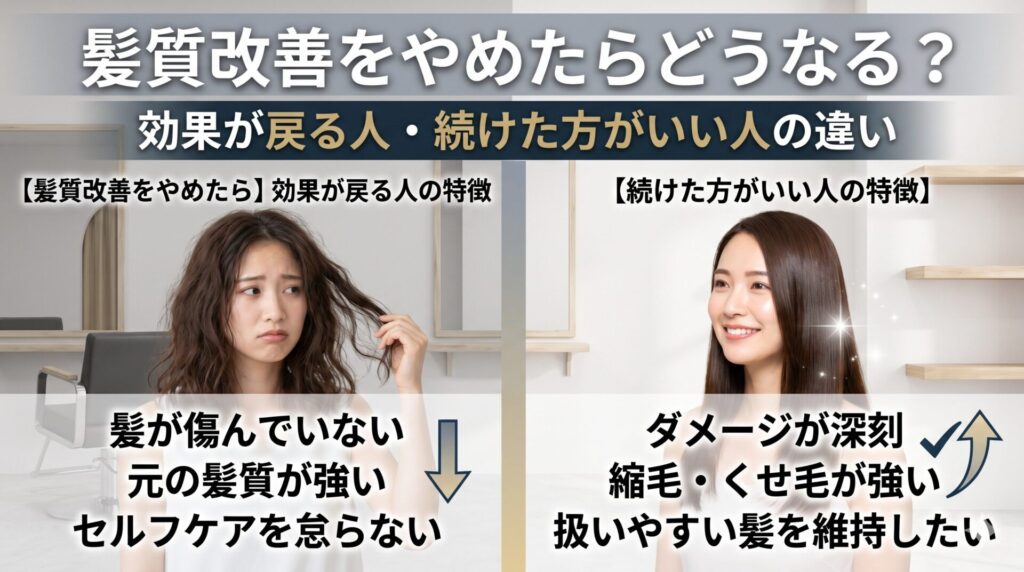 髪質改善をやめたらどうなる?効果が戻る人・続けた方がいい人の違いを比較したアイキャッチ画像。