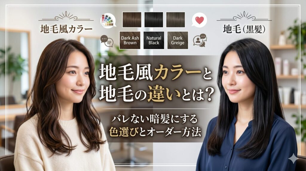 地毛風カラーと地毛の違いを比較したアイキャッチ画像。バレない暗髪にする色選びとオーダー方法を伊勢崎の美容室が解説。