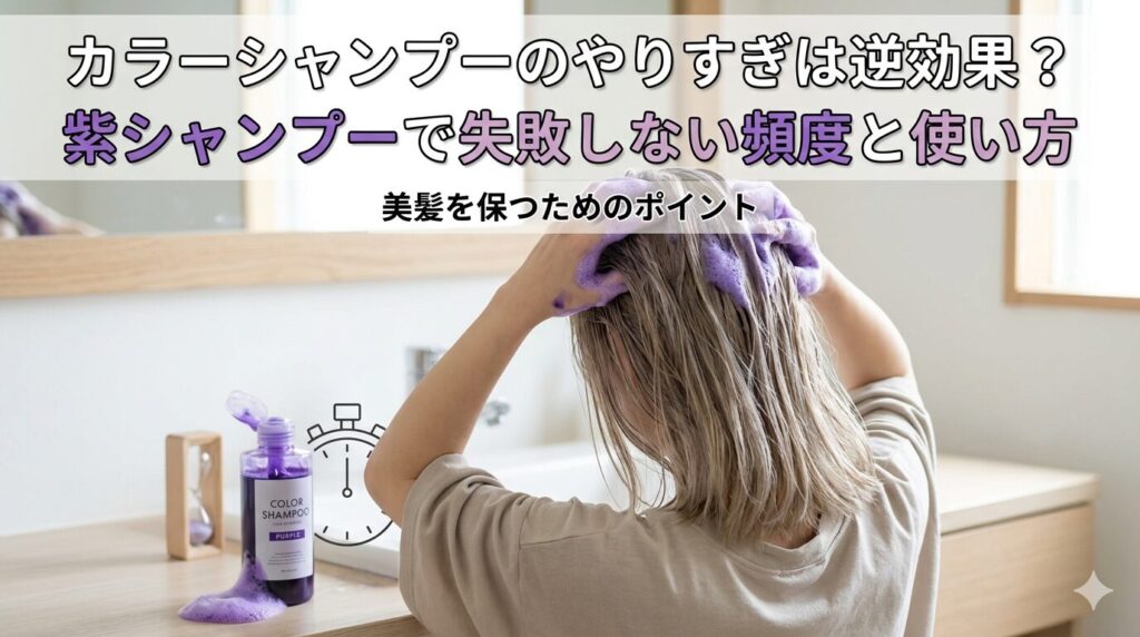 紫のカラーシャンプーを髪に泡立てて使う女性とパープルシャンプーのボトル