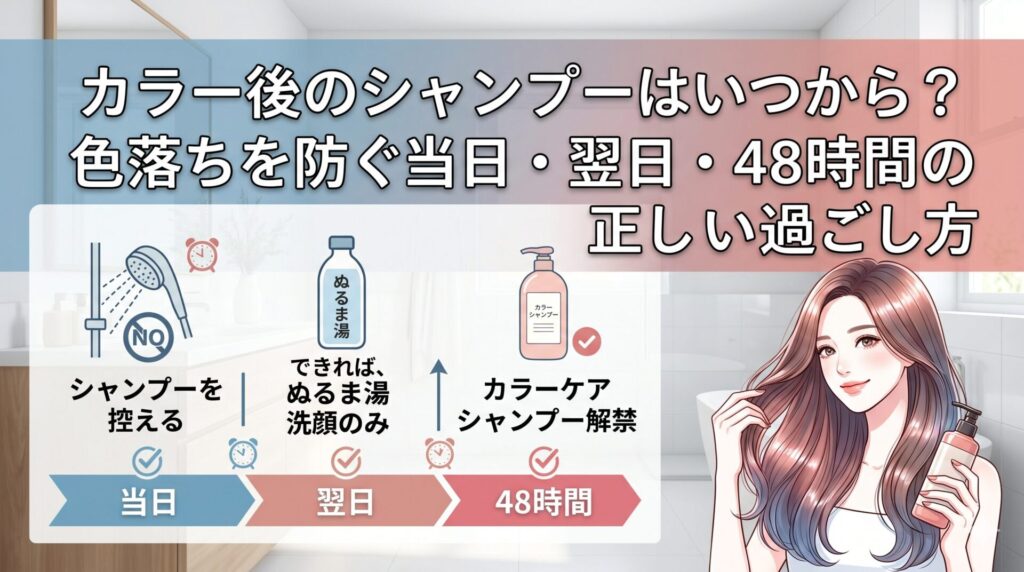 カラー後のシャンプーは当日NG・翌日はぬるま湯・48時間後からカラーケアシャンプー解禁という3段階のタイムラインを図解したアイキャッチ画像