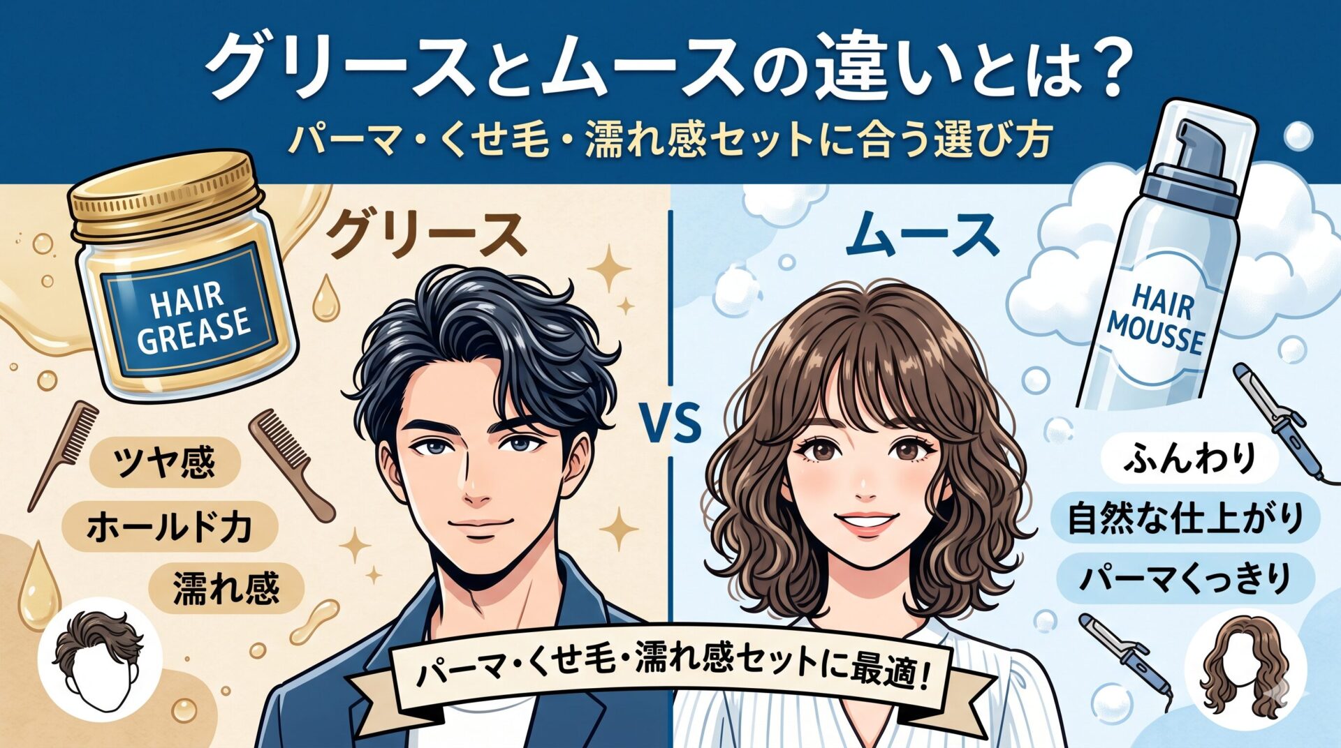 グリースとムースの違いについて、パーマ・くせ毛・濡れ感セットに合う選び方を解説するブログ用アイキャッチ画像