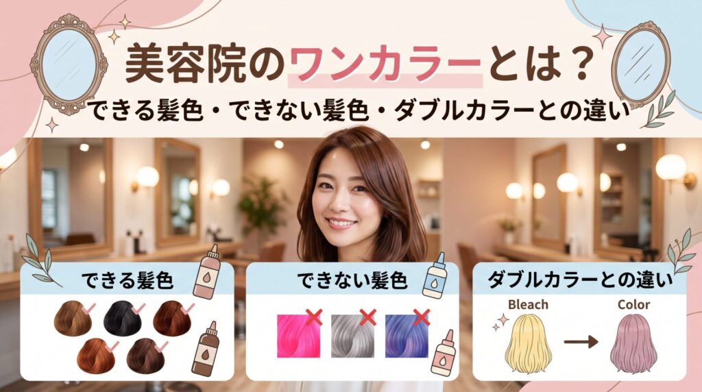 美容院のワンカラーとは何かを解説し、できる髪色・できない髪色・ダブルカラーとの違いを紹介するヘアカラー記事のアイキャッチ画像