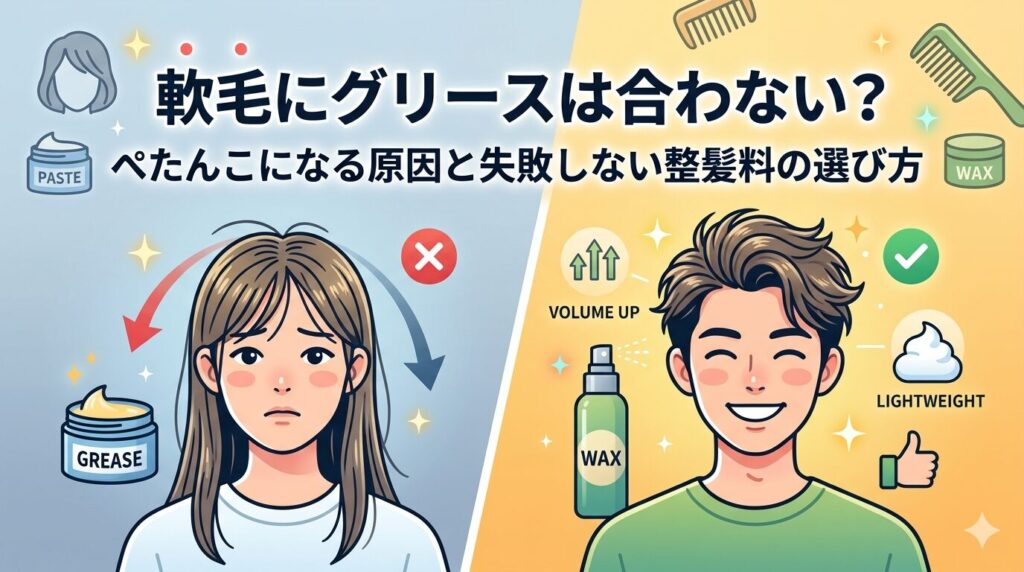 軟毛にグリースは合わない？ぺたんこになる原因と失敗しない整髪料の選び方を解説するアイキャッチ画像