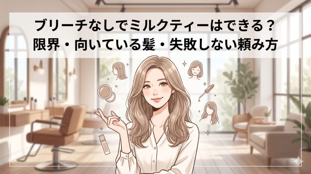 ブリーチなしでミルクティーベージュができるかを解説するアイキャッチ画像。サロンを背景に、ミルクティーベージュの髪色をした女性とヘアカラーのイラストが描かれている。