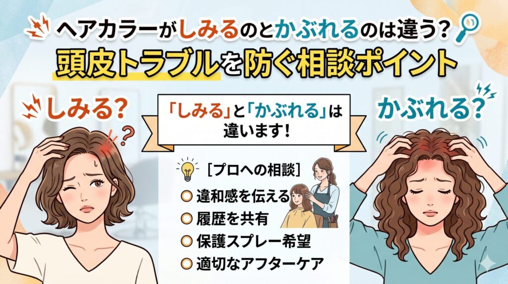 ヘアカラーでしみる女性とかぶれる女性の比較イラスト｜「しみる」と「かぶれる」の違い・プロへの相談ポイントを解説する記事のアイキャッチ画像