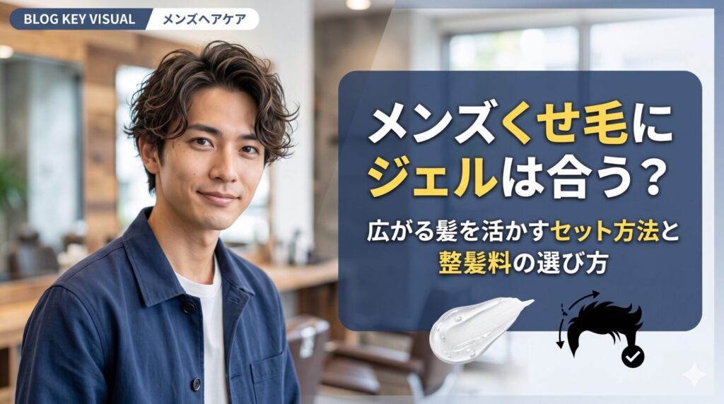 メンズくせ毛にジェルは合うのかを解説するアイキャッチ画像。広がる髪を活かすセット方法や整髪料の選び方を美容師目線で紹介。