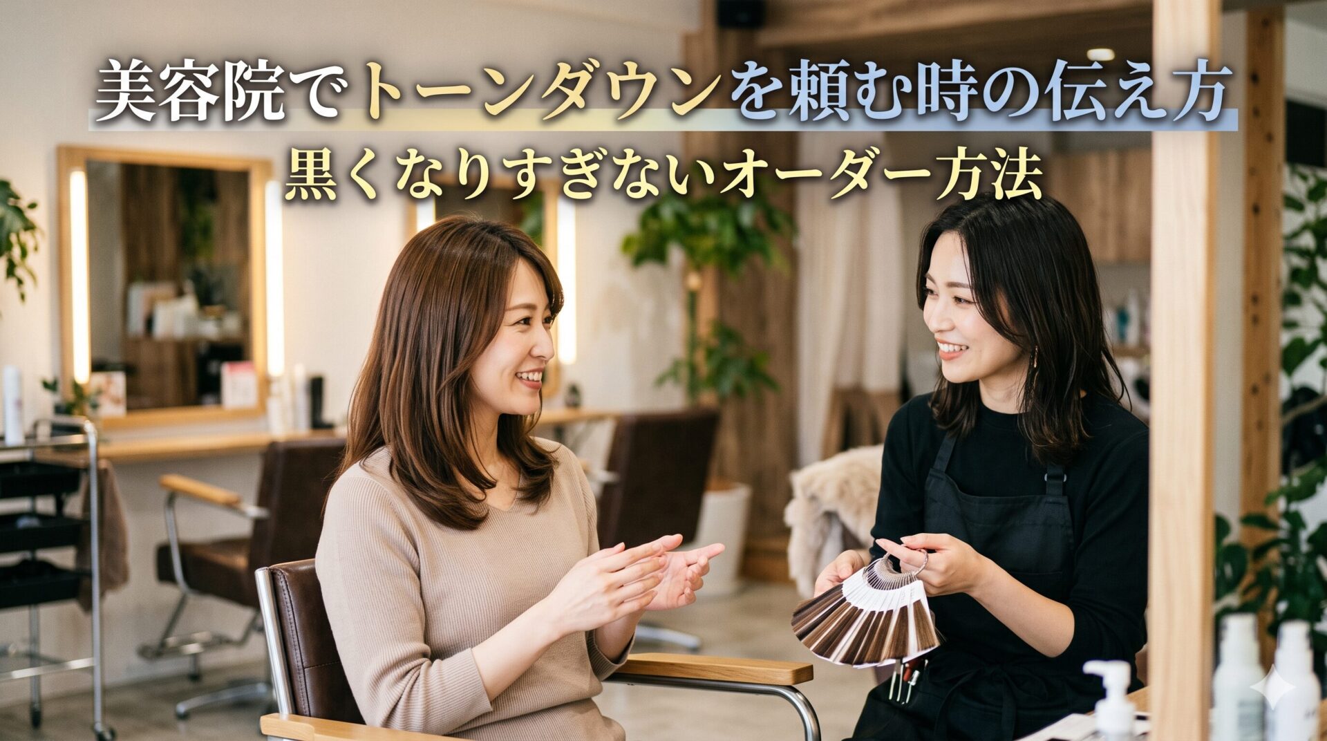 美容院でトーンダウンを頼む際の伝え方や黒くなりすぎないオーダー方法を、美容師とのカウンセリング風景で表現したアイキャッチ画像