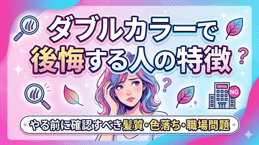 ダブルカラーで後悔する人の特徴｜やる前に確認すべき髪質・色落ち・職場問題を解説した記事のアイキャッチ画像。ピンク×ブルーのダブルカラーヘアで悩む女性イラストと職場NGマーク入り