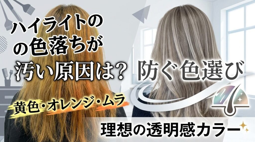 ハイライトの色落ちが汚いオレンジ髪と、理想の透明感カラーを比較するアイキャッチ画像